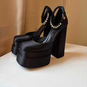 Versace Black Satin Medusa Aevitas Crystal Pump Platform Heels Size 8